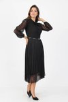 Siyah Midi Kemerli Yakası Bağlama Detaylı Düğmeli Pileli Elbise