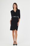 Siyah Midi Krep Kruvaze Yaka Detaylı Kemerli Mevsimlik Anvelop Elbise