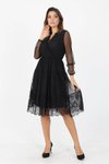 Siyah Midi Kruvaze Yaka Eteği Dantel Detaylı Tül Elbise