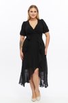 Black Midi Wrap Neck Belted Plus Size Chiffon Dress with Flounce Details