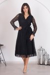 Siyah Midi Kuşaklı Kruvaze Yaka Astarlı Dantel Elbise