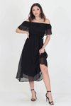 Siyah Midi Madonna Yaka Bağlama Detaylı Şifon Elbise