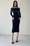 Siyah Midi Madonna Yaka Uzun Kollu Triko Elbise