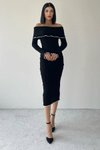 Siyah Midi Madonna Yaka Uzun Kollu Triko Elbise