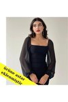 Siyah Midi Prenses Kollu Romantik Kalem Abiye Elbise