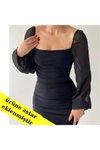 Siyah Midi Prenses Kollu Romantik Kalem Abiye Elbise