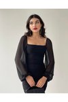 Siyah Midi Prenses Kollu Romantik Kalem Abiye Elbise