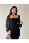 Siyah Midi Prenses Kollu Romantik Kalem Abiye Elbise
