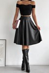 Siyah Midi Şardonlu Diz Boyu Full Esnek Deri Kloş Etek