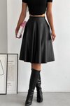 Siyah Midi Şardonlu Diz Boyu Full Esnek Deri Kloş Etek