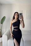 Siyah Midi Tek Omuzlu Bel Pencereli Yırtmaçlı Elbise