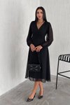 Siyah Midi V Yaka Astarlı Şifon Elbise