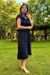 Black Midi Dress with Frilled Neck and Sleeves, Tie Detail, Ayrobin Fabric