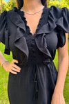 Siyah Midi Yaka Ve Kolları Fırfırlı Bağlama Detaylı Ayrobin Elbise