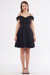 Siyah Mini Askılı Kayık Yaka Detay Pileli Kloş Abiye Elbise