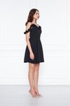 Siyah Mini Ayarlanabilir Askılı Yaka Fırfır Detay Dokuma Kumaş Pileli Kloş Abiye Elbise