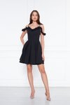 Siyah Mini Ayarlanabilir Askılı Yaka Fırfır Detay Dokuma Kumaş Pileli Kloş Abiye Elbise