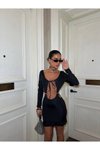 Siyah Mini Beyaz Yırtmaçlı Cut-out Uzun Kollu Bağlamalı Derin Dekolteli Elbise
