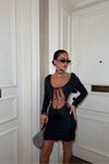 Siyah Mini Beyaz Yırtmaçlı Cut-out Uzun Kollu Bağlamalı Derin Dekolteli Elbise