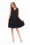 Siyah Mini Boydan Düğmeli V Yaka Elbise