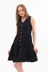 Siyah Mini Boydan Düğmeli V Yaka Elbise