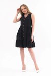 Siyah Mini Boydan Düğmeli V Yaka Elbise