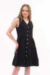 Siyah Mini Boydan Düğmeli V Yaka Elbise
