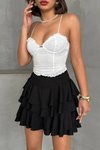 Siyah Mini Bürümcük Kumaş Katlı Şort Etek