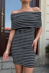 Siyah Mini Çizgili Madonna Yaka Esnek Elbise