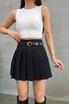 Siyah Mini Dokuma Kumaş Pileli Kemerli Etek