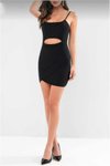 Siyah Mini Göbek Detay Asimetrik Anvelop Etekli Askılı Bodycon Mezuniyet Abiye Elbise