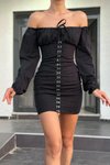 Siyah Mini Kanca Detay Balenli Tasarım Elbise