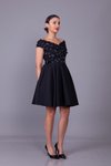 Siyah Mini Kayık Yaka Çiçekli Tül Detay Abiye Elbise