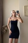 Siyah Mini Leopar Askılı Basic Elbise
