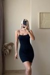 Siyah Mini Leopar Askılı Basic Elbise