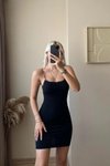 Siyah Mini Leopar Askılı Basic Elbise