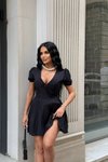 Siyah Mini Pile Etekli Puff Kol Elbise