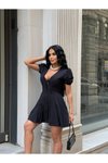 Siyah Mini Pile Etekli Puff Kol Elbise