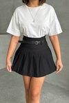 Siyah Mini Pileli Kemer Detaylı Şort Etek
