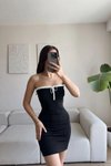 Siyah Mini Straplez Bağcıklı Biyeli Elbise