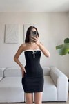 Siyah Mini Straplez Bağcıklı Biyeli Elbise