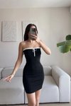 Siyah Mini Straplez Bağcıklı Biyeli Elbise