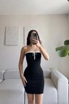 Siyah Mini Straplez Bağcıklı Biyeli Elbise