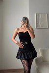 Siyah Mini Straplez Balon Etek Kemerli Abiye Elbise