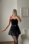 Siyah Mini Straplez Balon Etek Kemerli Abiye Elbise