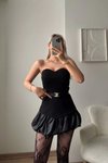 Siyah Mini Straplez Balon Etek Kemerli Abiye Elbise