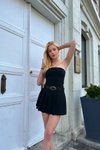 Siyah Mini Straplez Kemerli Şortlu Etek Elbise