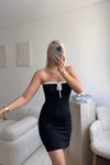 Siyah Mini Straplez Önü Bağlamalı Elbise