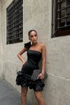 Siyah Mini Straplez Tek Omuzlu Rose Abiye Elbise