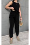 Siyah Modal Kumaş Premium Sıfır Kol Bluz Ve Pantolon İkili Takım